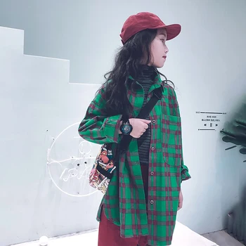 

Spring Autumn girls blouse Baby long shirt kids tops Children streetwear clothes classic plaid check green red 4 to 12 yrs