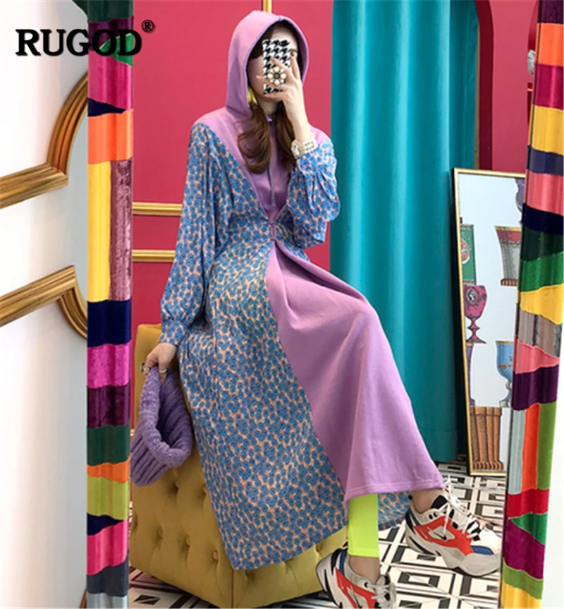 RUGOD/Новинка года; осеннее женское платье с капюшоном в стиле пэчворк; модное Стильное дизайнерское платье