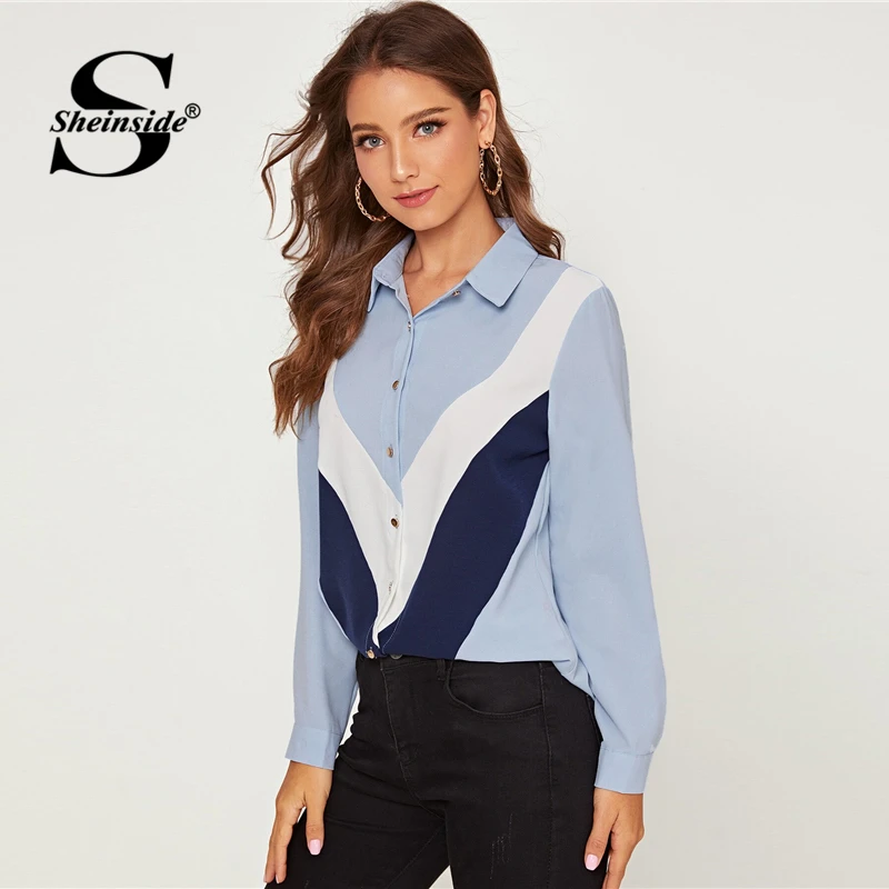 Sheinside, элегантная синяя Лоскутная Женская блузка с принтом, осень, на пуговицах, блузки для девушек, рабочая одежда, минималистичный топ с отделкой