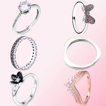 

2019 Fall 100% 925 Sterling Silver 1:1 Sparkling Crown Bow Rose Princess Wishbone Ring Women's Jewelry Factory Direct Wholesale