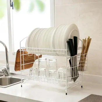

2 Layers Iron Dish Rack Household Tableware Cup Drain Rack Chopsticks Cage Kitchen Chopping Board Shelf Organizer
