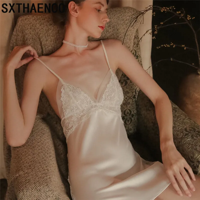 

SXTHAENOO Sexy Women Satin Sleepwear New Comfort Home Clothes Lace V-neck Sling Nightdress Backless Hollow Strappy Nightwear