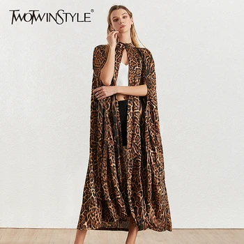 

TWOTWINSTYLE Vintage Print Leopard Women's Windbreaker Stand Neck Sleeveless Trench Coat Female Fashion 2020 Autumn Clothing New