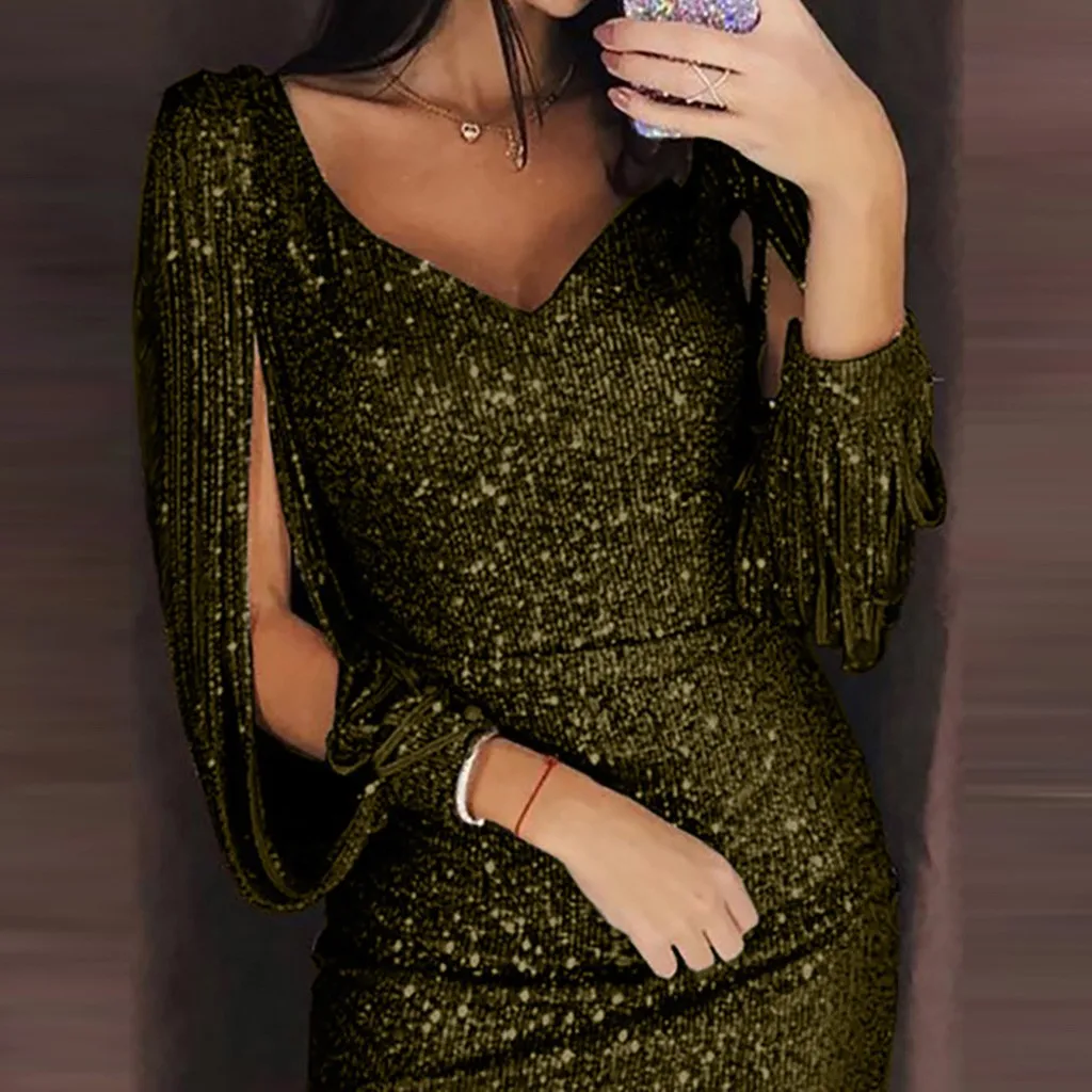 New Fashion Sexy Women V Ncek Solid Sequined Glitter Stitching Shining Club Sheath Long Sleeved Mini Dress For Female