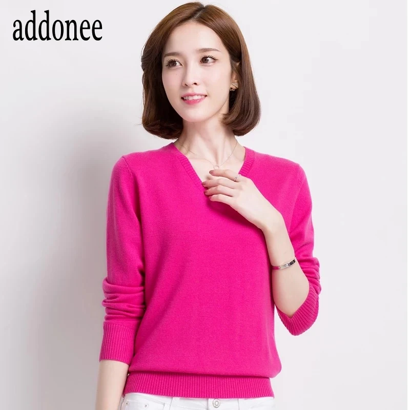 Свободный однотонный Европейский стиль, пуловер с v-образным вырезом, свитер, пуловер для женщин, женская мода, базовый вязаный кашемир, шерсть, высокое качество - Цвет: Rose Red-xVL