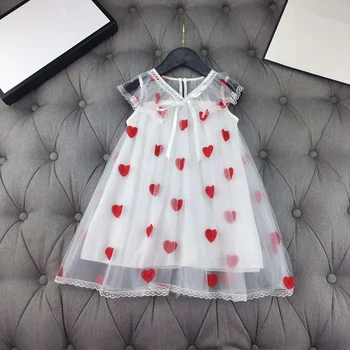 

European and American parent-child summer new 2020 children's wear Small fly sleeve V collar heart embroidery Baby girl dress