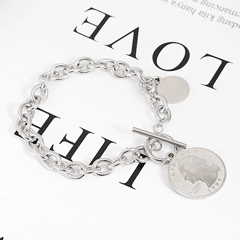 Браслеты и браслеты браслет Pulseira Feminina нержавеющая сталь с мужской женский панк хип-хоп ювелирные изделия ветер монета письмо кулон - Окраска металла: see chart