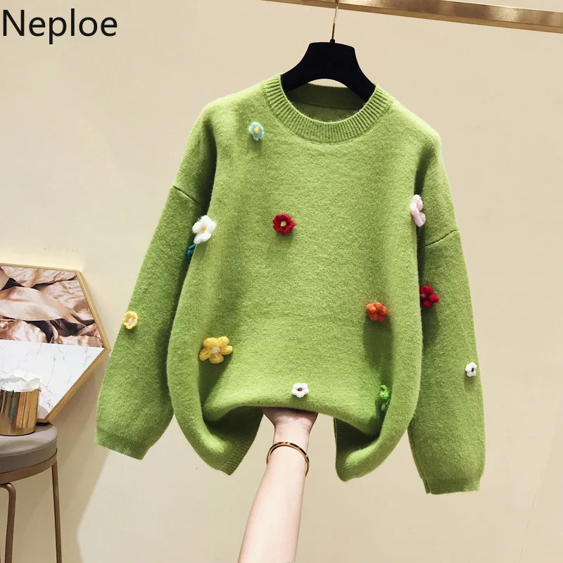 

Neploe 3D Flower Pull Femme Long Sleeve O-neck Knitted Pullover Women Sweater Top 2019 Autumn Korean Oversize Knit Jumpers 54579