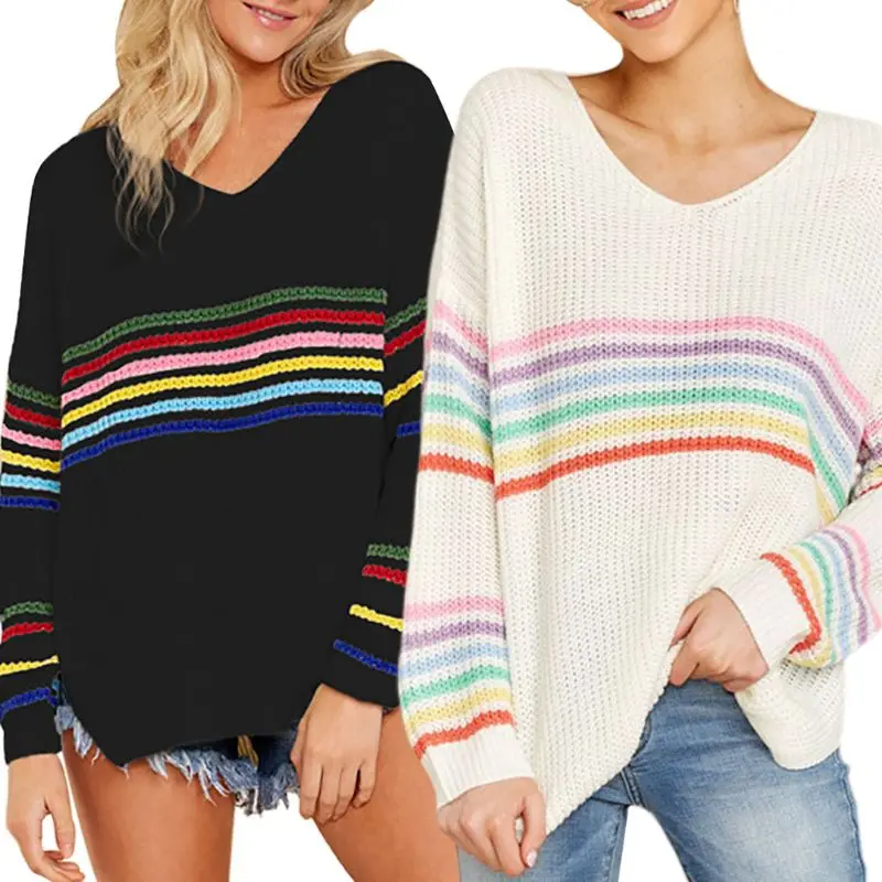 

Womens Long Sleeve V-Neck Pullover Sweaters Rainbow Stripes Patchwork Knit Pullover Tops High Low Asymmetric Loose Jumper
