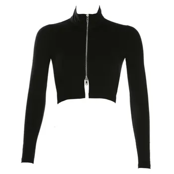 

Sexy Slim Black Metal Zipper Closure Crop Cardigan Autumn Chic Lapel Long Sleeve Women Jacket New Arrival