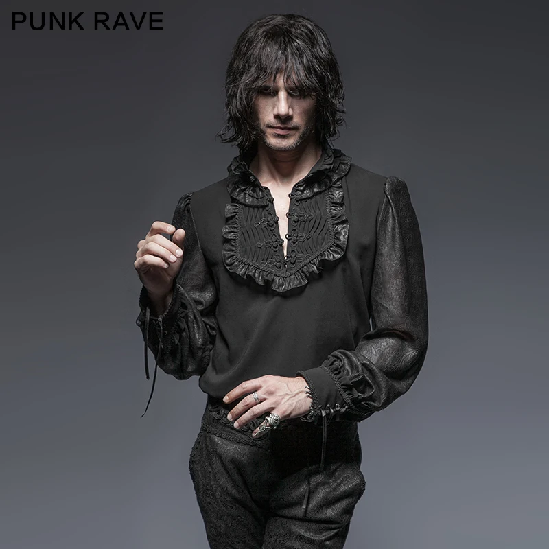 

PUNK RAVE Men Gothic Fashion Black Chiffon Blouse Vintage Palace Gorgeous Punk Shirt Long Sleeve Men's Formal Party Tops Shirt