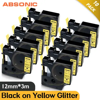 

Absonic 10PK Black on Yellow Glitter Label Tape D1 12mm Replace Dymo Labeller Flash Shiny Ribbon for LabelManager 210D 150 100