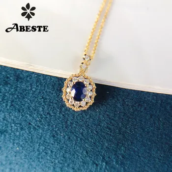 شراءANI 18K أقراط ذهب خالص أصفر قلادة قلادة الياقوت الأزرق الطبيعي النساء المشاركة قلادة هدية عيد ميلاد هالو قلادة الماس