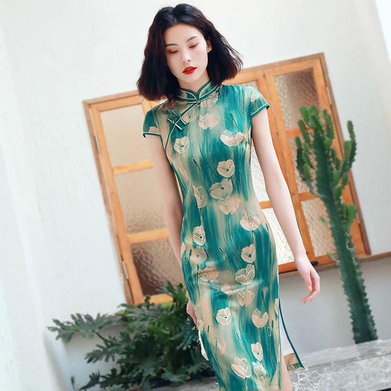 Sheng Coco зеленый китайский Cheongsam Qipao платья Свежий Женский Cheongsam короткий рукав китайское платье Новинка традиционная одежда