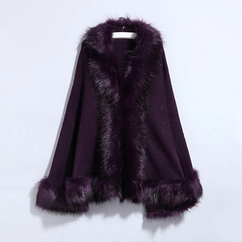 Зимний вязаный свитер большой искусственный Лисий меховой для шеи кардиган пончо накидка теплое плотное пальто Женская Повседневная Свободная шаль поддельный кашемировый плащ - Цвет: Фиолетовый
