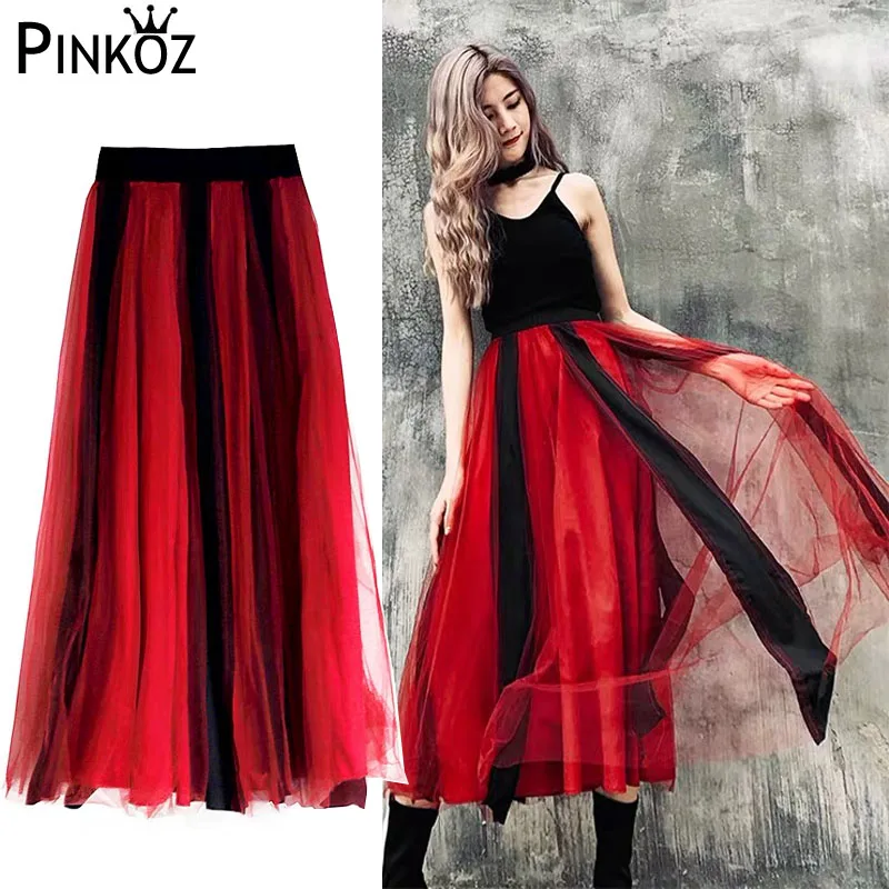 

Pinkoz Fashion Spring Autumn Women Knitted T-shirts Mesh skirts Sets Two Piece Set Patchwork A-line Skirt +solid Slim Sweater