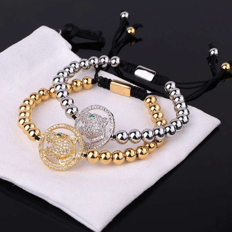 Classic Design Stainless Steel Beads CZ Pave Leopard Charm Handmade Macrame Friendship Bracelet Men Women - Image 5