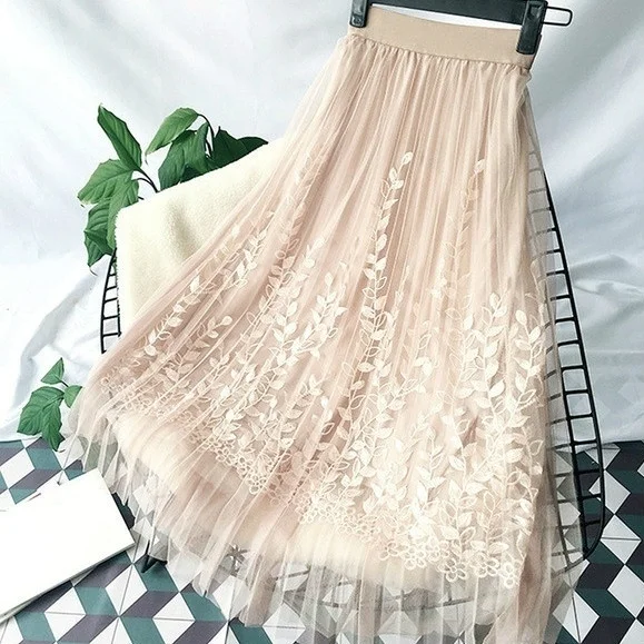 Floral Embroidery Lace Mesh Skirt Women Elegant Tulle Long Pleated skirt Women Midi Skirt Hot Sale winer spring autunm skirt