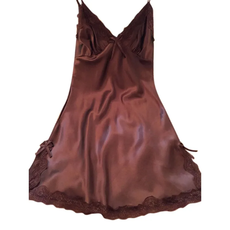 Liva девушка ночное платье женская ночная рубашка Дамы пикантный Шелковый Атласный рукавов v-образная Пижама кружева пикардиас Сексуальная mujer - Color: Coffee