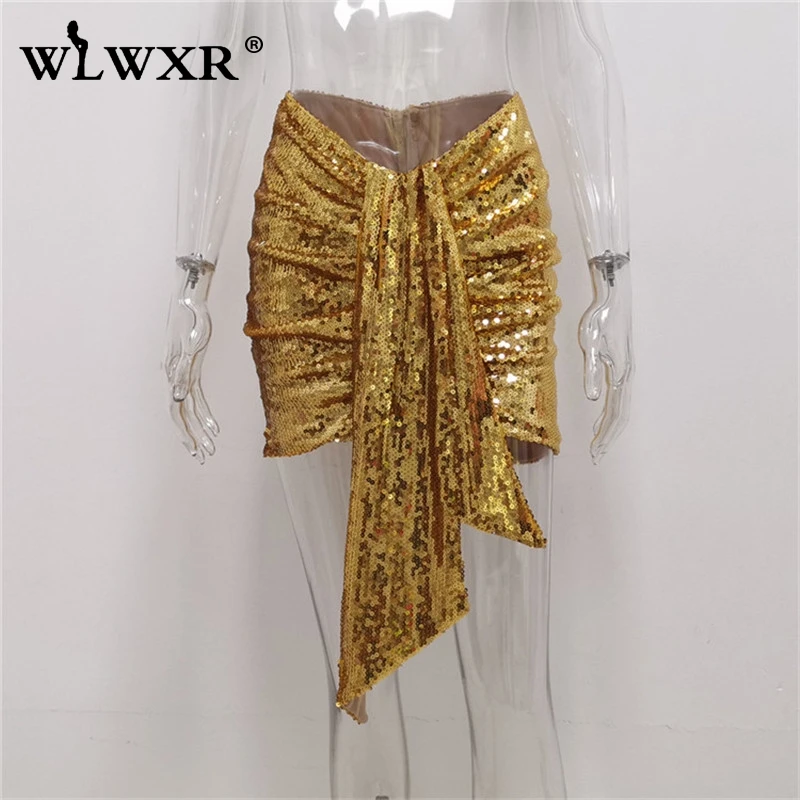 Золотой WLWXR/Пикантные мини-юбки из искусственной кожи; Женская Асимметричная черная юбка с блестками и высокой талией; Клубные вечерние юбки-карандаш в складку - Цвет: Золотой