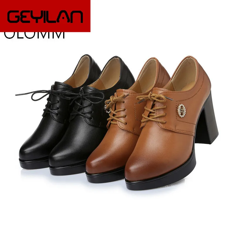 

Leather Womens Shoes New Spring and Autumn with A Round Head High-heeled Platform Deep Mouth Thick with Womens Shoes