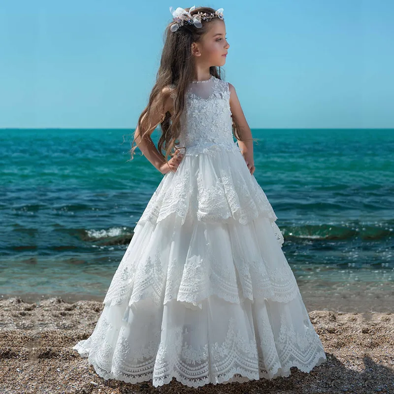 

New Arrivals Girls Beading Lace Appliques Sleeveless Sheer Ball Gowns Chapel Train Wedding Flower First Communion Princess Dress