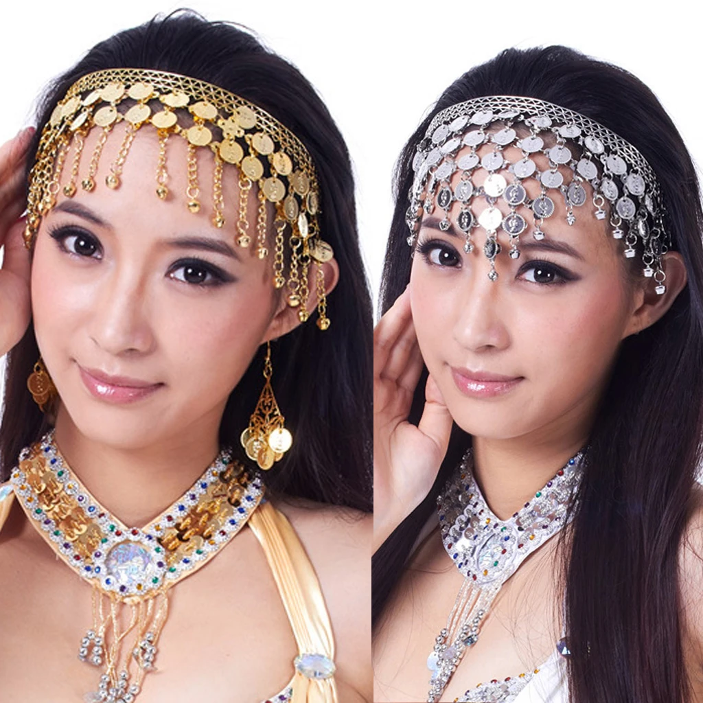 Indian Traditional Belly Dance Headband with Jingling Bells Gold-Toned Dancing Jewelry