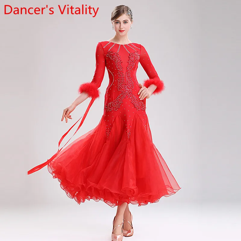 

Modern Dance Clothes Waltz Dancing Performance Slap-up Big Hemlines Feather Dress Ballroom National Standard Dance Stage Wear