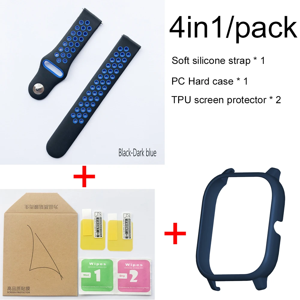 Black darkblue-blue 4в1 для Xiaomi Huami Amazfit GTS ремешок мягкий спортивный браслет из силикона Smartwatch Браслет с PC чехол Защита экрана - Цвет: Black darkblue-blue