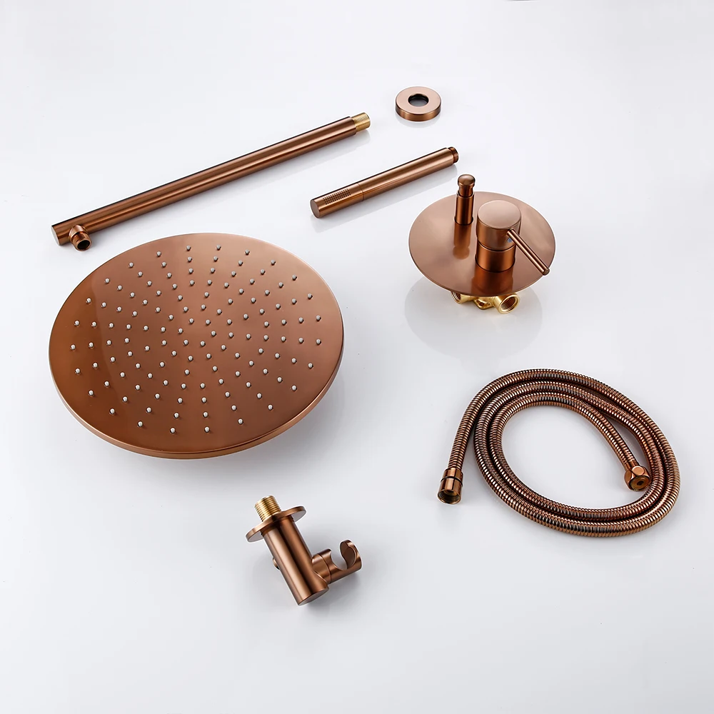 Bathroom Shower Faucet Set Brushed Rose Gold Shower Brass Hot Cold Wall Mount Arm Diverter Handheld Rian Head