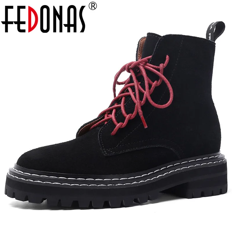 

FEDONAS 2020 Winter Quality Genuine Leather Big Size Short Boots Lace Up High Heels Women Ankle Boots Party Basic Shoes Woman