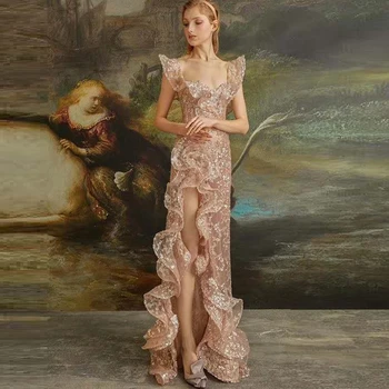 

2020 Women Beige Sleeveless Sequin Dress Celebrity Party Ruffles Vestidos Luxury Elegant Summer Mesh Long Maxi Wholesale