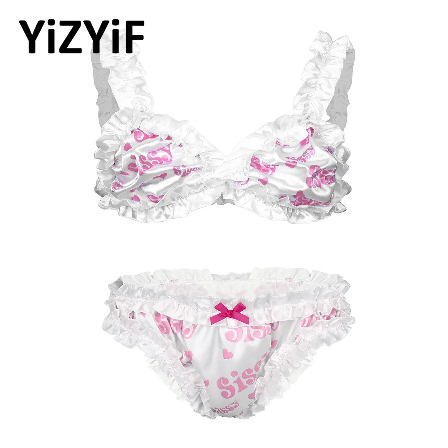 

2pcs Men Sissy Satin Lingerie Set Ruffled Frilly Bowknot Cute Bra Crop Top Knickers Panties Gay Crossdressing Underwear