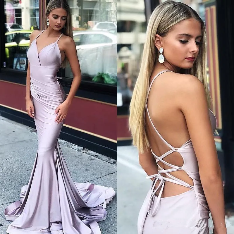 

Sexy Backless Mermaid Prom Party Dresses 2020 Light Purple Spaghetti Straps Sweep Train Plus Size Formal Pageant Evening Gowns