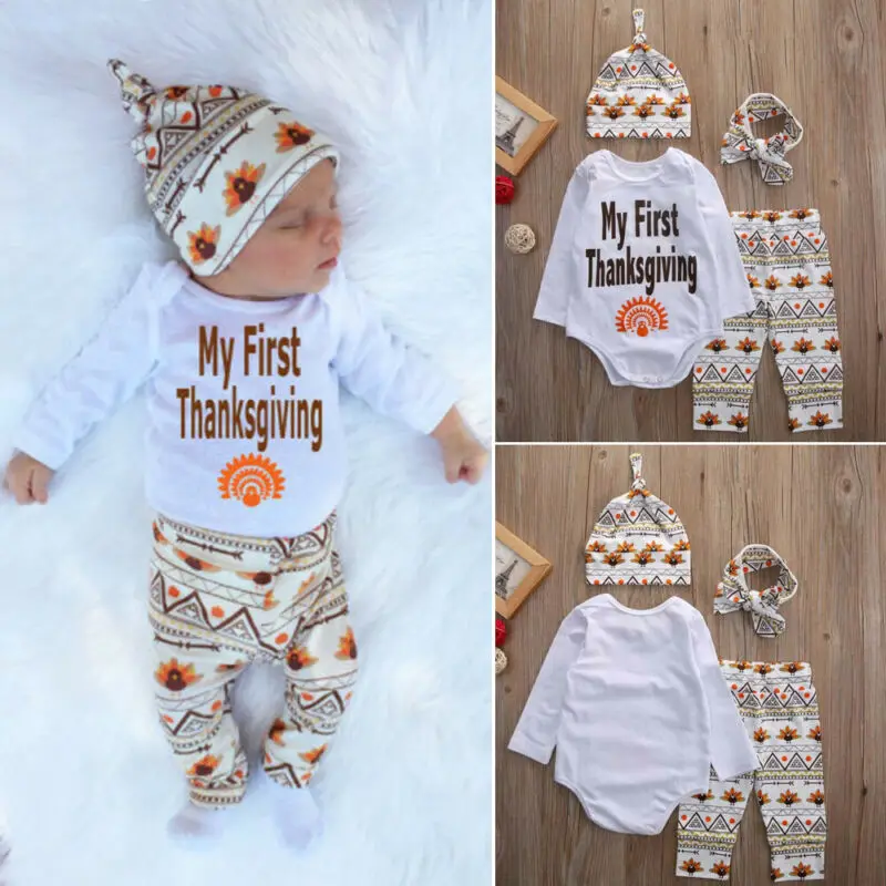 

Newborn Baby Boy Girl My 1st Thanksgiving Clothes Turkey Romper Pants Outfits 2PCS 0-18M