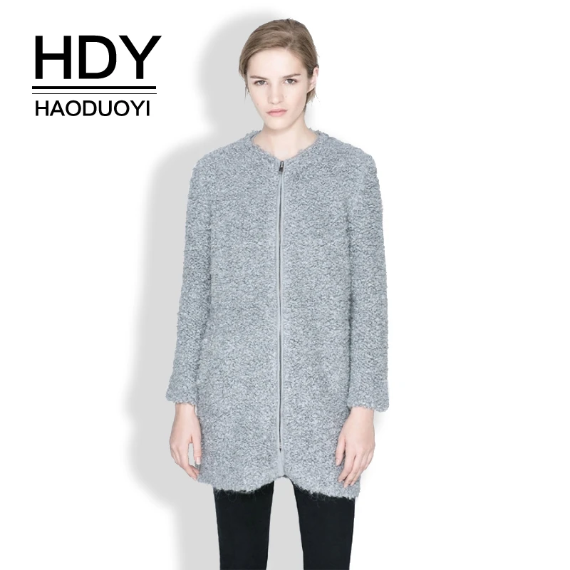 HDY Haoduoyi Осенняя мода рулон меховая одежда Стильный Круглый вырез молния простые женские топы ветровка длинное шерстяное пальто куртка
