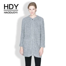 HDY Haoduoyi Осенняя мода рулон меховая одежда Стильный Круглый вырез молния простые женские топы ветровка длинное шерстяное пальто куртка