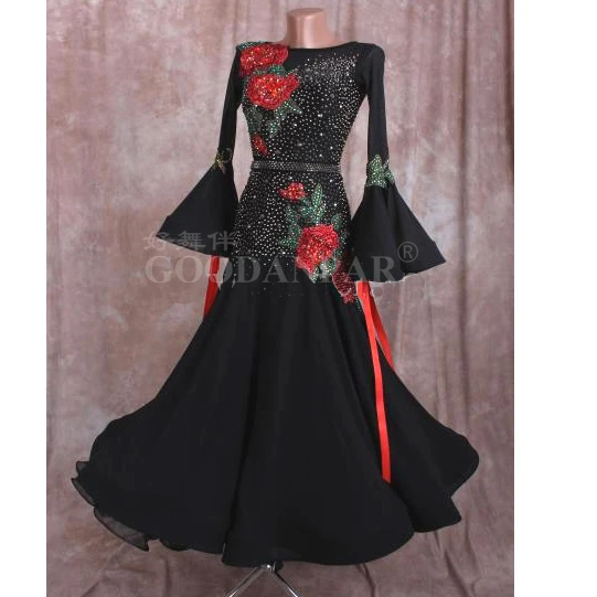 

New Ballroom dance dress Ruffle sleeve black waltz dress tango standard Foxtrot dance dresses professional dance costume