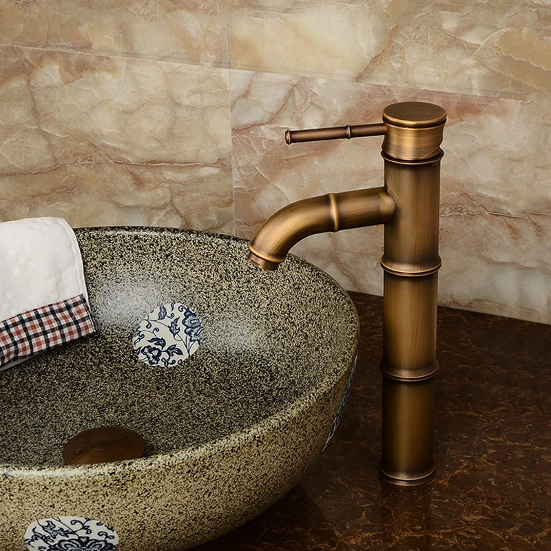 Античный кран для ванной комнаты, латунный Смеситель для раковины, Европейский ретро стиль, высокий бамбуковый кран для раковины, кран для горячей и холодной воды