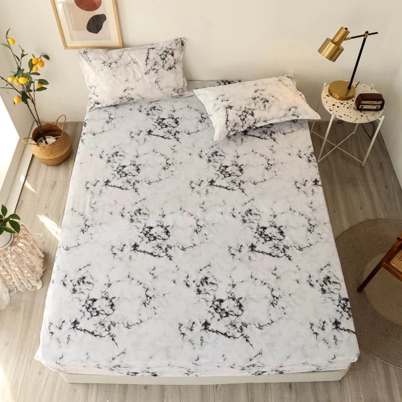 J 3 Pcs Fitted Bed Sheet Marble Black And White Color Printed Queen