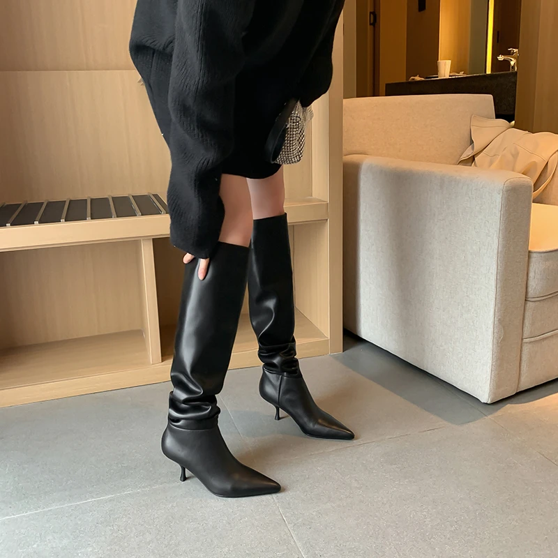 leather pointed toe knee high boots