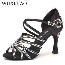 WUXIJIAO/Женская обувь для латинских танцев; цветные атласные туфли со стразами; кубинские туфли на высоком каблуке 9 см
