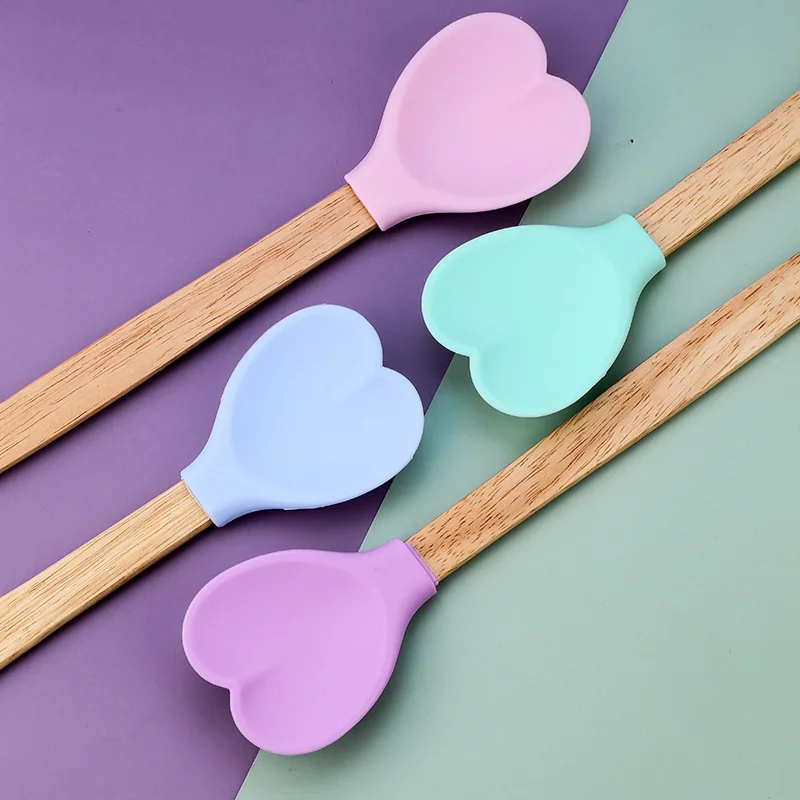 Silicone Heart Shape Pastry Spatulas with Wooden handle