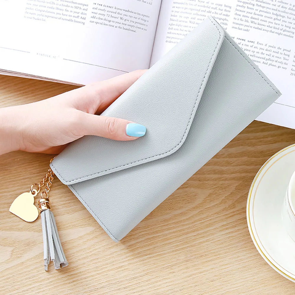 Cartera larga de piel sintética para mujer, monedero cartera borla, tarjetero, bolso de mano tipo monedero