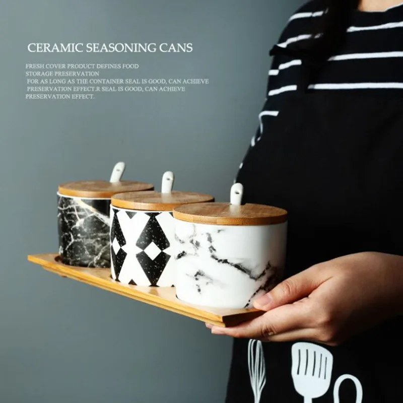 

Marble Pattern Ceramic Seasoning Cans With Lid Spoon Spice Jar Three-pc Suit Herb Salt Sugar Pepper BBQ Jar Kitchen Storage Box