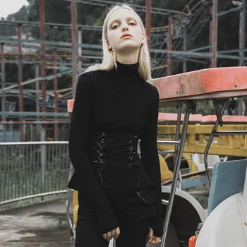 

PUNKRAVE Women's Punk Turtleneck Tied with Rope Knit Bottoming Shirt Elastic Knitted Slim Fit Casual Long Sleeve T-shirts