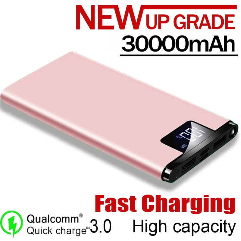 Banco de energía ultradelgado de 30000 MAh, cargador portátil de gran capacidad, Banco de energía de viaje, pantalla Digital LCD, paquete de batería externa