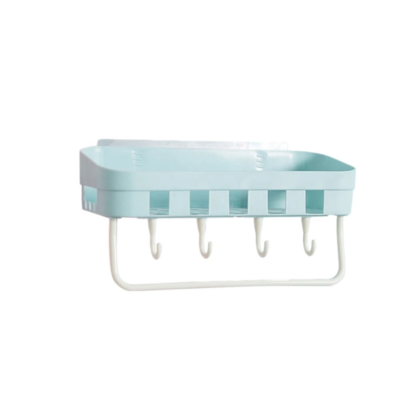Rectangular Shelf Hook Hole Free Toilet Kitchen Storage Rack Bathroom Shelf Wash Rack - Цвет: Sky Blue