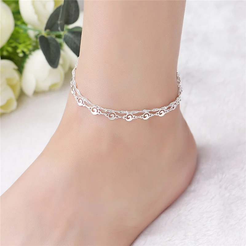 Women's Two Layers Geometric Charm Silver Color Anklet Leg Chain Summer Jewelry Ankle Bracelets Wholesale Women's Two Layers Geometric Charm Silver Color Anklet Leg Chain Summer Jewelry Ankle Bracelets Wholesale