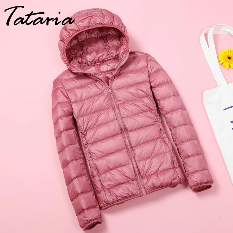 Tataria, зимнее пальто для женщин, ультра-светильник, тонкий пуховик для женщин, белый утиный пух, пальто с капюшоном, Женская однотонная ветрозащитная портативная верхняя одежда